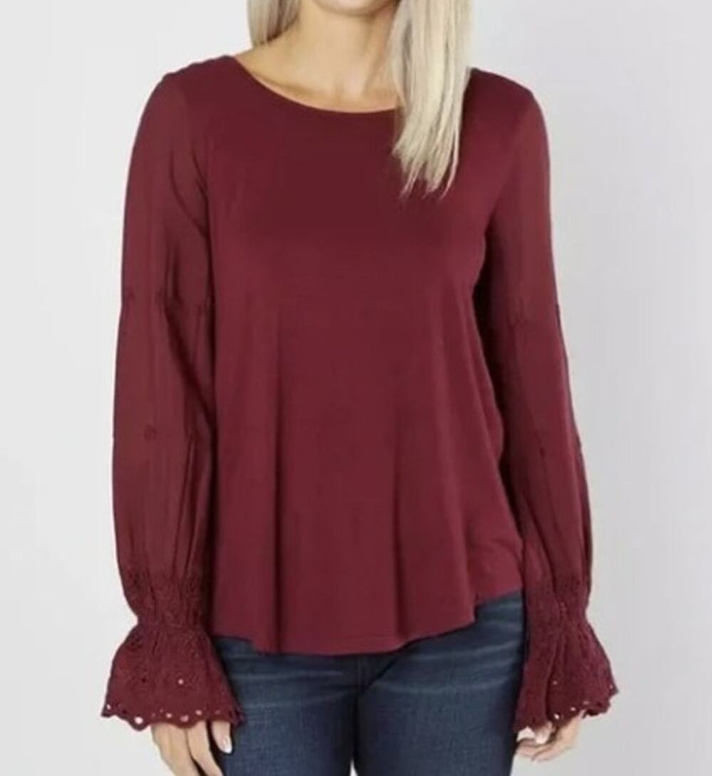 Willow & Root Buckle Small Burgundy Red Long Sleeve Top Rayon Spandex NEW